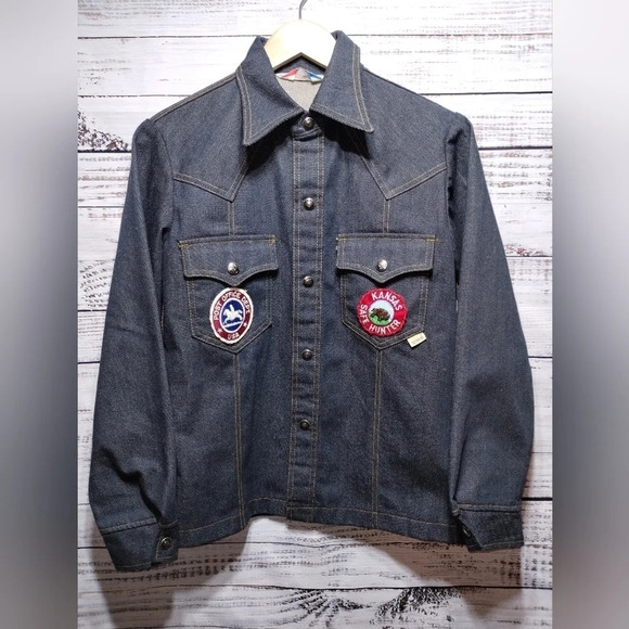 Vintage 70s Sears Put On Shop Denim Jacket Size 16 Youth Patched Trucker Jean - Picture 9 of 9